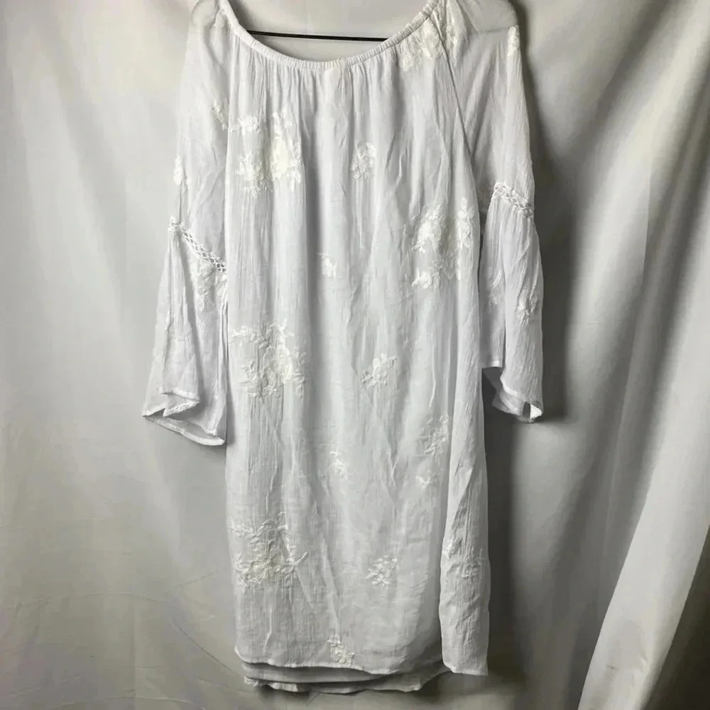 FIG AND FLOWER SIZE XL WHITE GAUZY DRESS LINED BELL SLEEVES EMBROIDERED‎ DESIGN - Picture 10 of 14